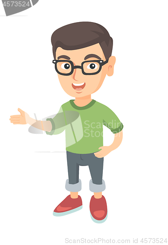 Image of Caucasian little boy gesturing with his hands.
