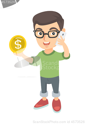 Image of Boy businessman talking on phone and holding coin.