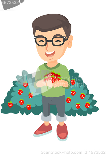 Image of Caucasian boy holding fresh strawberries in hands.