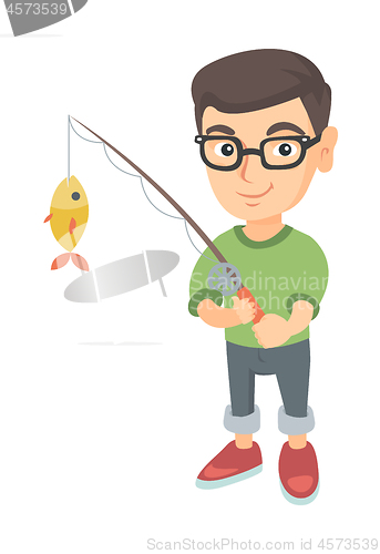 Image of Little boy holding fishing rod with fish on hook.