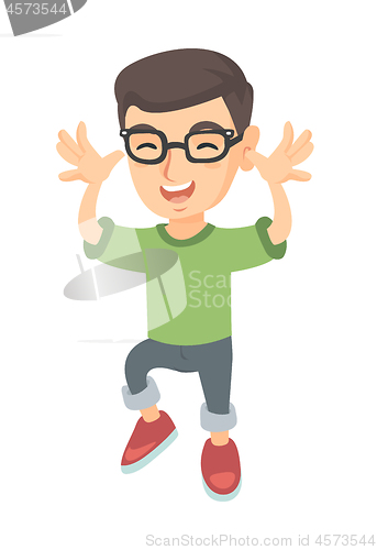 Image of Funny caucasian boy in glasses teasing with hands.