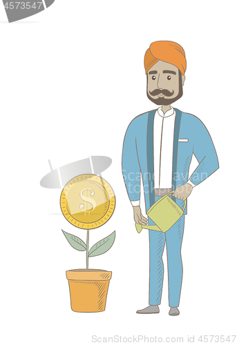 Image of Hindu businessman watering money flower.