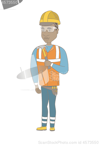 Image of Young african-american carpenter holding a hammer.