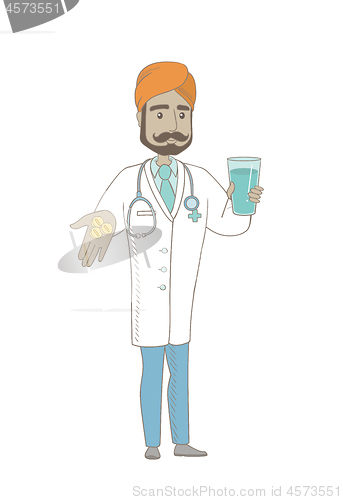 Image of Young pharmacist giving pills and glass of water.