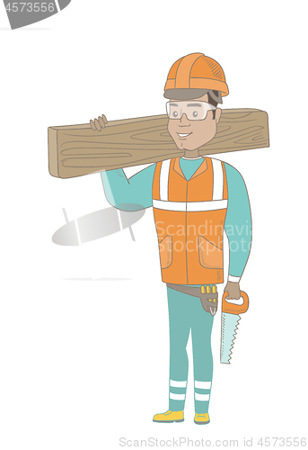 Image of Hispanic carpenter holding saw and wooden board.
