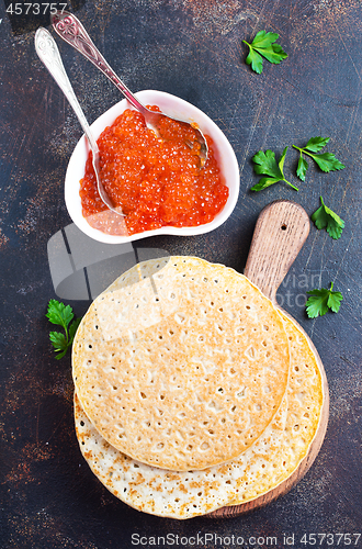 Image of pancakes with salmon caviar