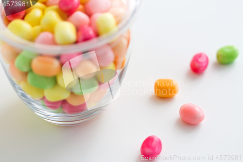 Image of close up of glass jar with colorful candy drops