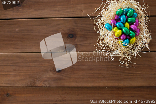 Image of chocolate eggs in foil wrappers in straw nest