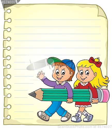 Image of Notepad page with children and pencil