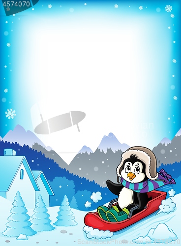 Image of Penguin on bobsleigh theme frame 1