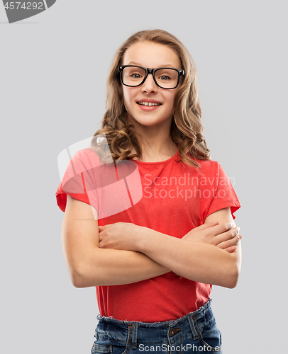 Image of smiling student girl in glasses and red t-shirt