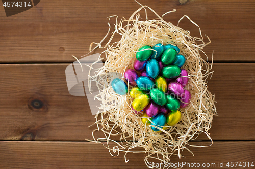 Image of chocolate eggs in foil wrappers in straw nest