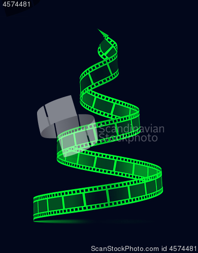 Image of Film strip in the form of a Christmas tree. Film reel. Happy New Year for photographers, videographers, film production, etc. 3d illustration on black