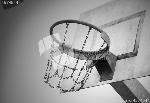 Image of Basketball court in an old jail, black and white