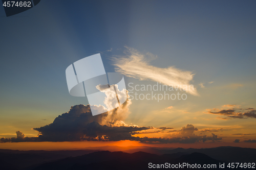 Image of Orange sunset, sun after clouds from the top