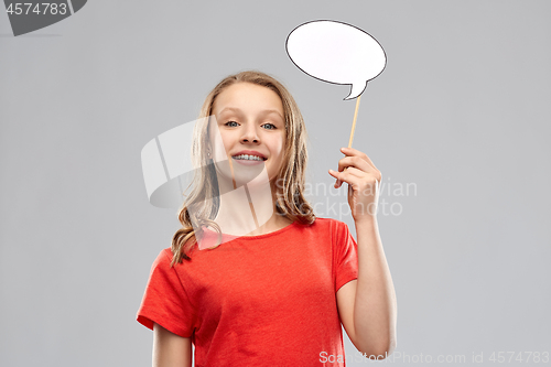 Image of smiling teenage girl holding blank speech bubble