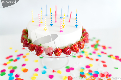 Image of close up of birthday cake with candles on stand