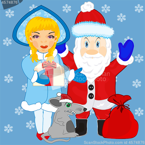 Image of Grandparent frost and snow maiden on background snowflake