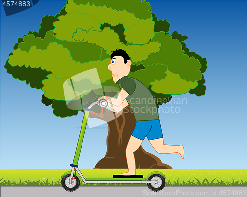Image of Man rides on scooter in park by summer