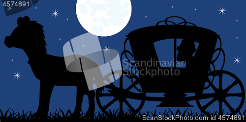 Image of Silhouette of the crew of the coach with horse and moon night