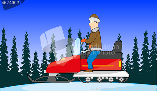 Image of Man goes on snowmobile on winter wood