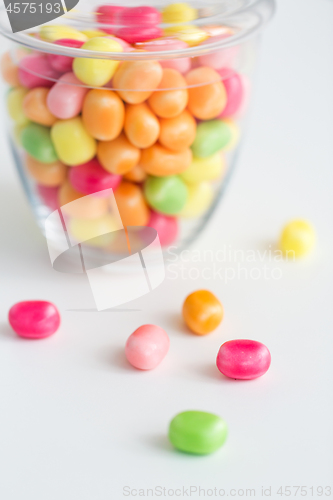 Image of close up of glass jar with colorful candy drops