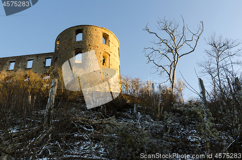 Image of Sunlit tower by Borgholm Castle in Sweden