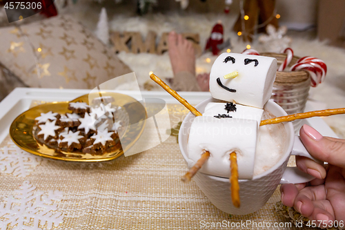 Image of Merry snowman of marshmallow floats on a hot chocolate at Christ