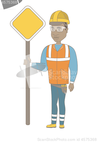 Image of Young african road worker showing road sign.