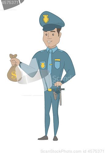 Image of Young hispanic policeman holding a money bag.