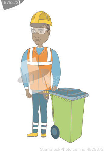 Image of Young african-american builder pushing recycle bin