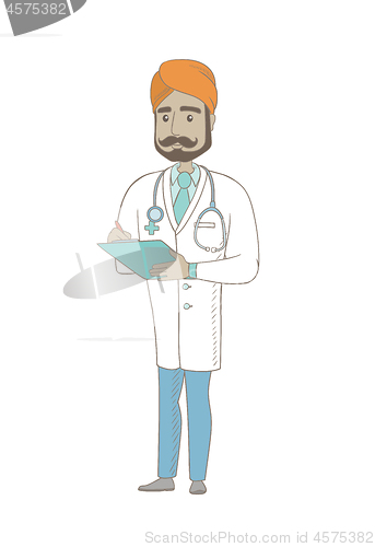 Image of Indian doctor holding clipboard with documents.