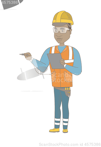 Image of African electrician with electrical equipment.
