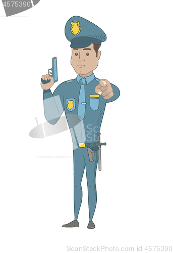 Image of Young hispanic policeman holding a handgun.