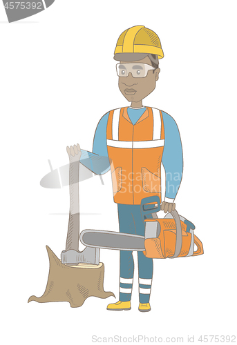 Image of Young african-american lumberjack with chainsaw.