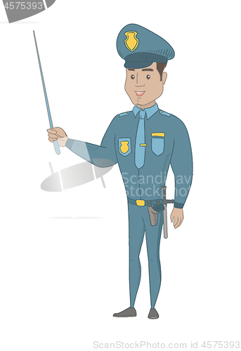 Image of Young hispanic policeman holding a pointer stick.