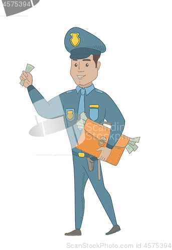 Image of Hispanic policeman with briefcase full of money.