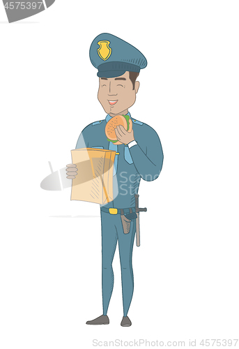 Image of Young hispanic police officer eating hamburger.