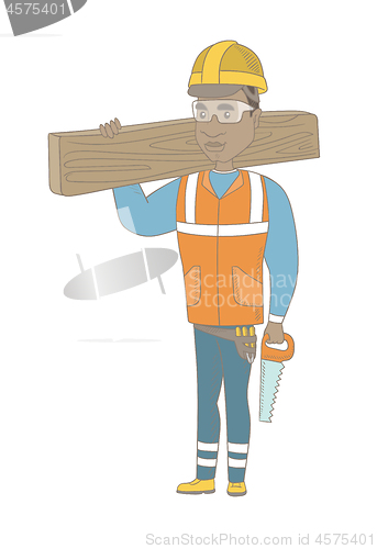 Image of African carpenter holding saw and wooden board.