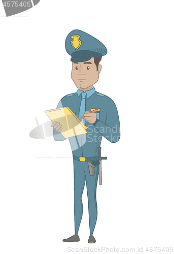 Image of Young policeman in uniform writing on clipboard.