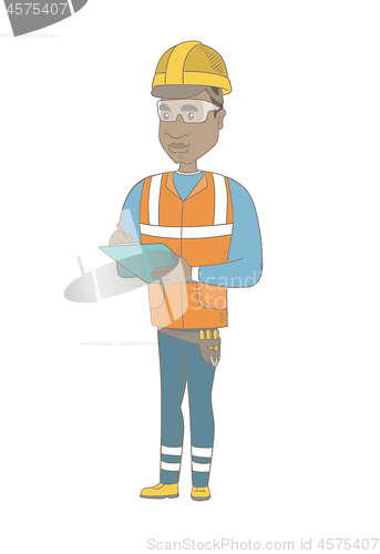 Image of Young african building inspector with clipboard.