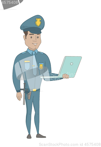 Image of Young hispanic policeman using a laptop.