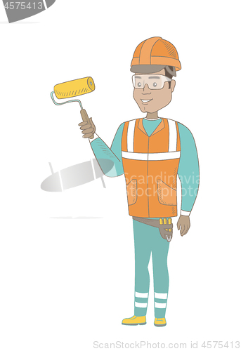 Image of Young hispanic house painter holding paint roller.