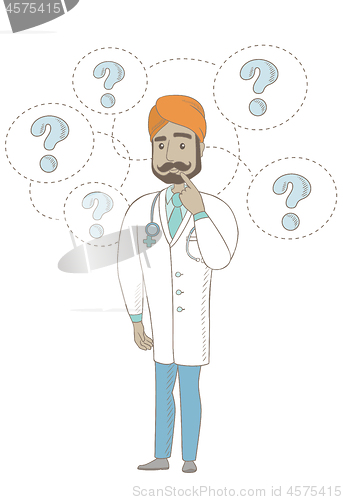 Image of Thinking indian doctor with question marks.