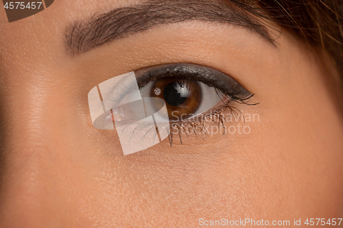 Image of The close up eyes on face of young beautiful caucasian girl