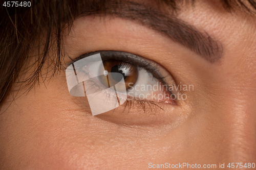 Image of The close up eyes on face of young beautiful caucasian girl