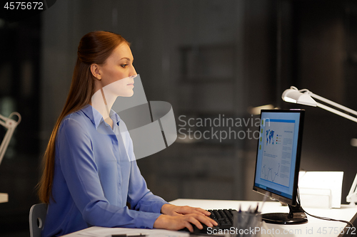 Image of businesswoman at computer working at night office