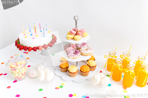 Image of food and drinks on table at birthday party