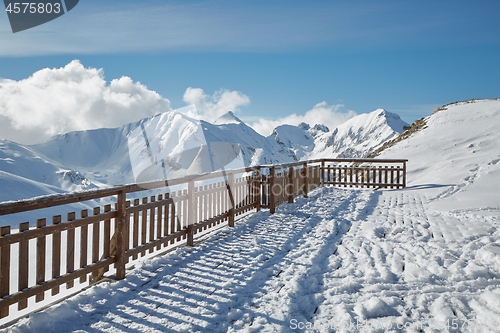 Image of High mountain ski resort terrace