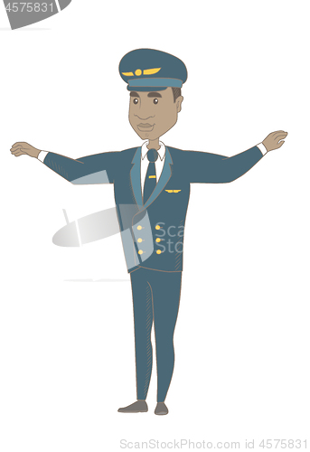 Image of Young african pilot with arms outstretched.